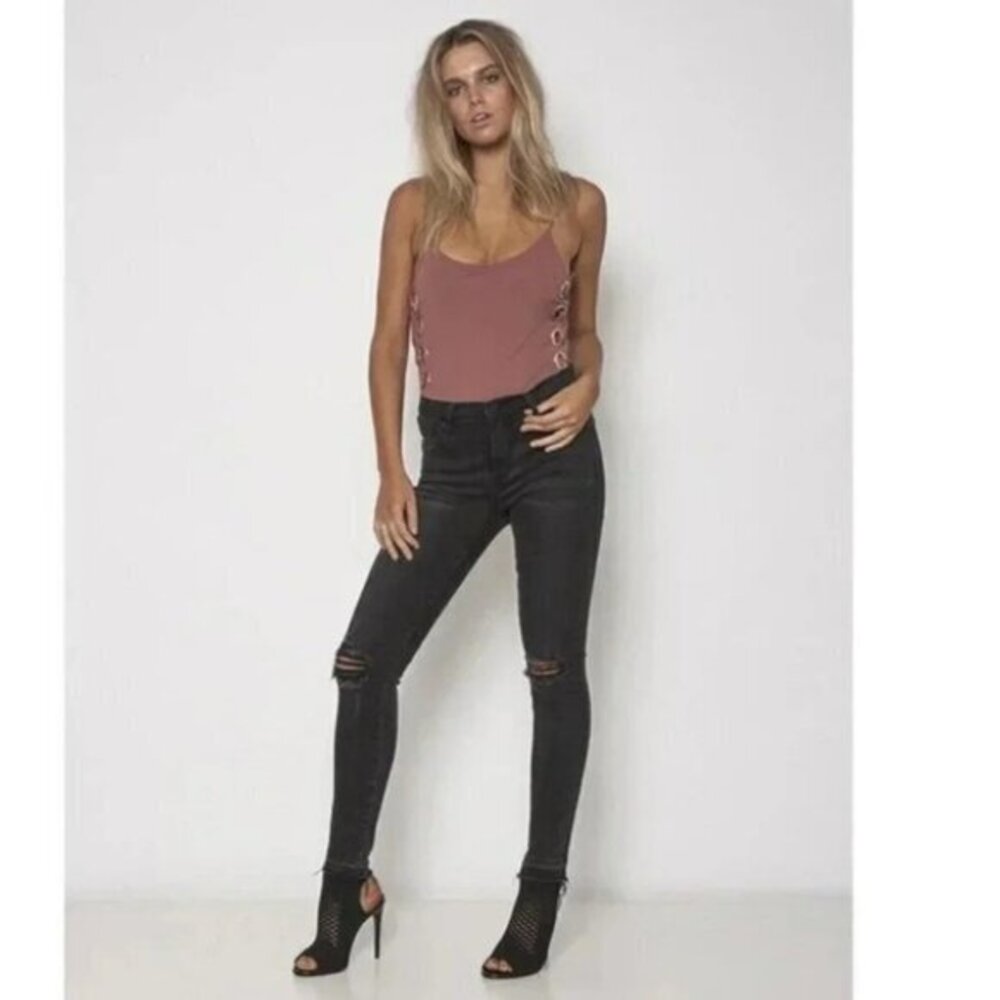 Free People NEON BLONDE Skinny Jeans Distressed Black Denim High rise waist 26